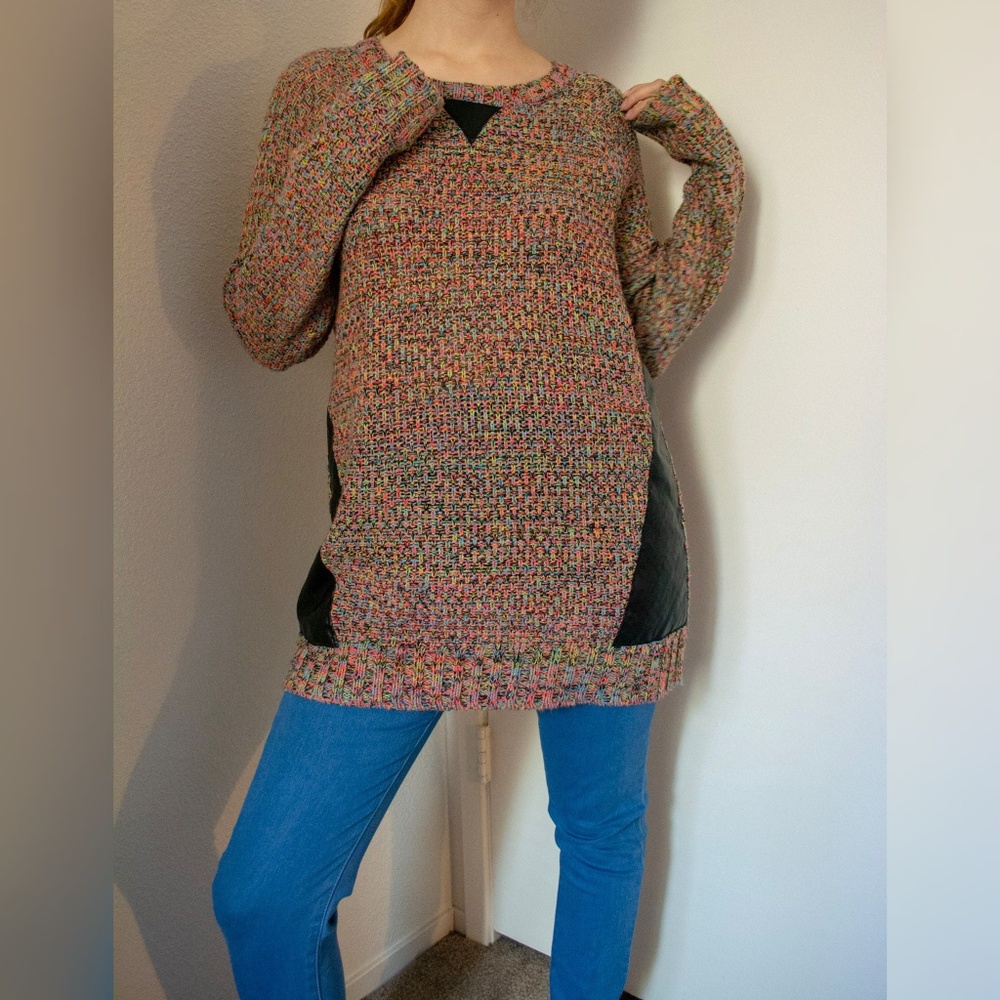 Colorful Knit Sweater with faux leather patches